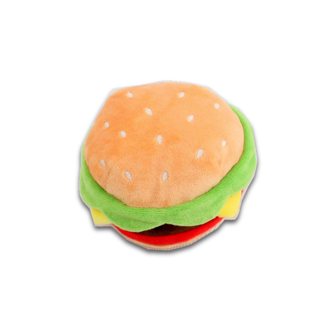 Plush Burger Dog Toy – Interactive Squeaky Chew